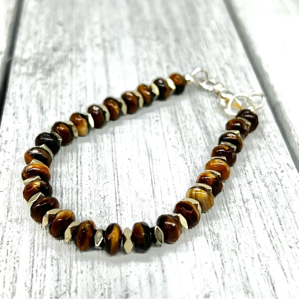 233. Gorgeous Unique Faceted Tigers Eye Bracelet with Silver Accents.